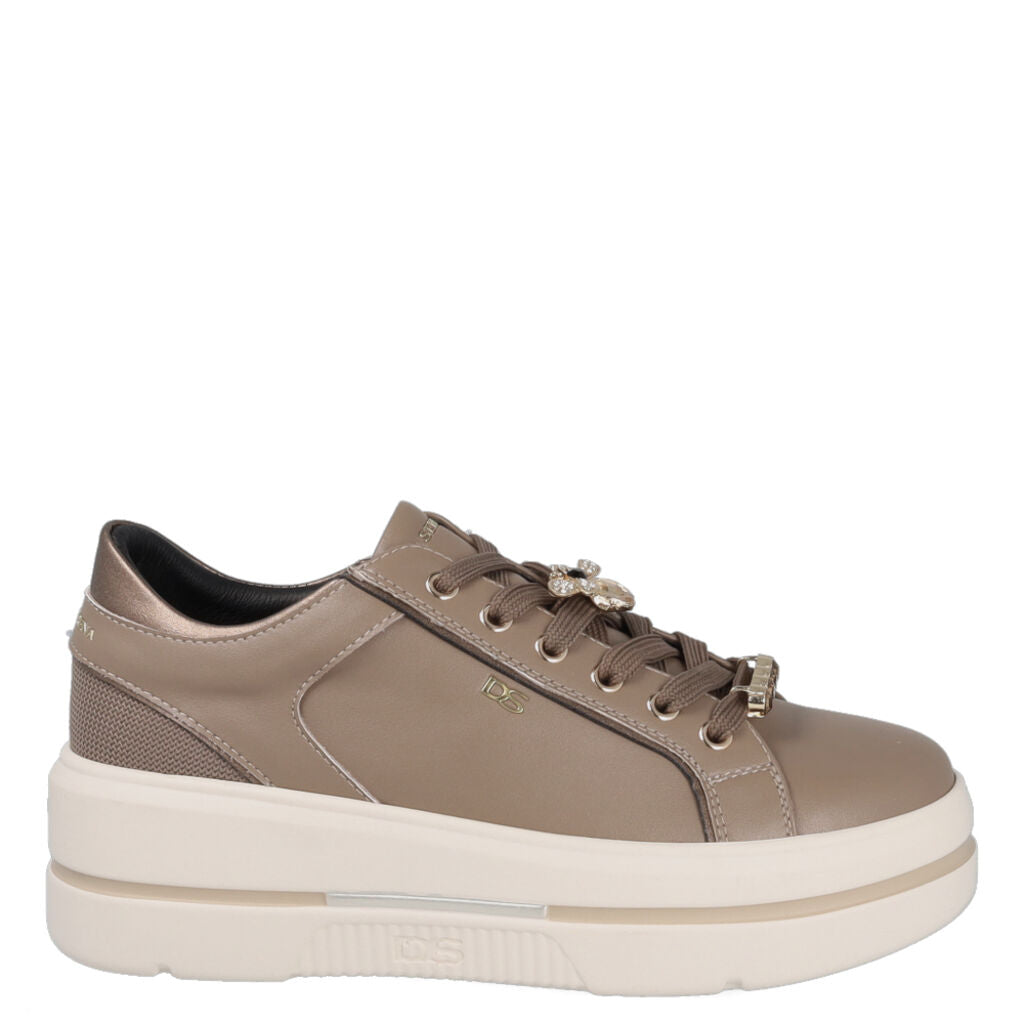 Taupe Leather Platform Sneakers with Embellishments