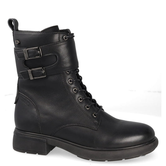 Black Buckled Combat Boots with Lace-Up Detail