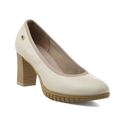 Beige Faux Leather Block Heel Pump