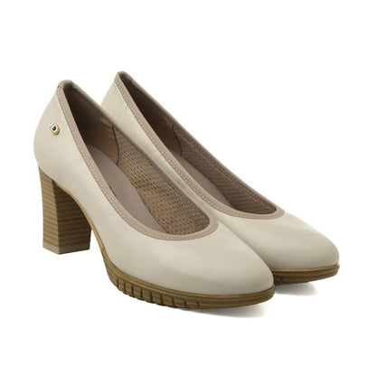 Beige Faux Leather Block Heel Pump