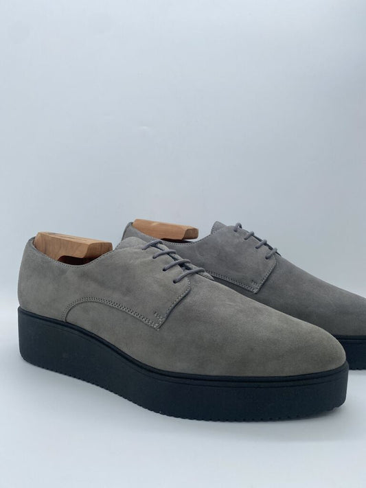 Gray Suede Platform Oxford Shoes with Lace-Up