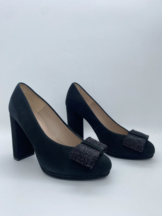 Black Suede Block Heel Pumps with Bow Detail