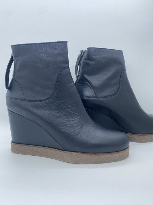 Black Wedge Ankle Boots with Back Zipper