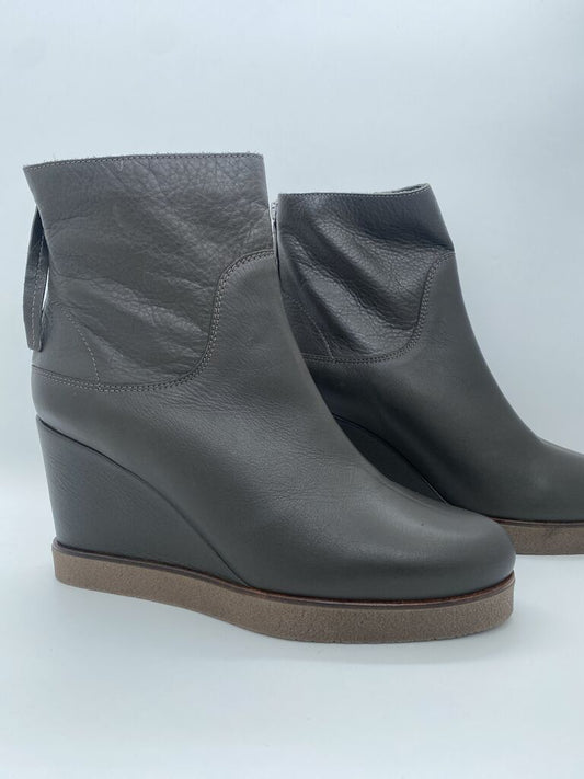 Gray Leather Wedge Ankle Boots