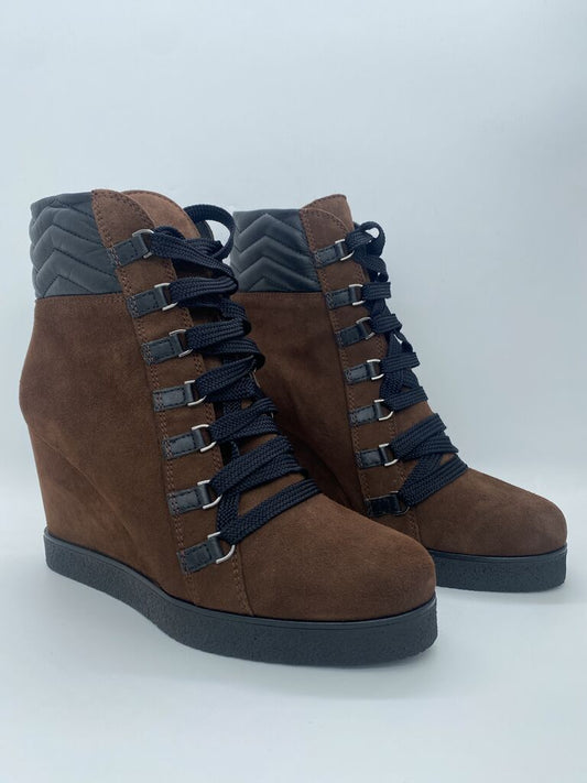 Brown Suede Wedge Ankle Boots with Quilted Detail