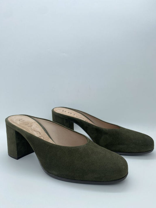 Olive Suede Block Heel Mules