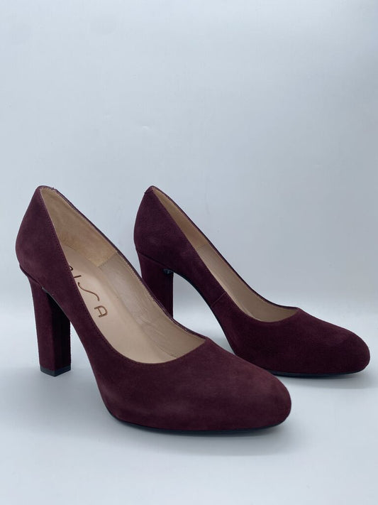 Burgundy Suede Pumps with Block Heel