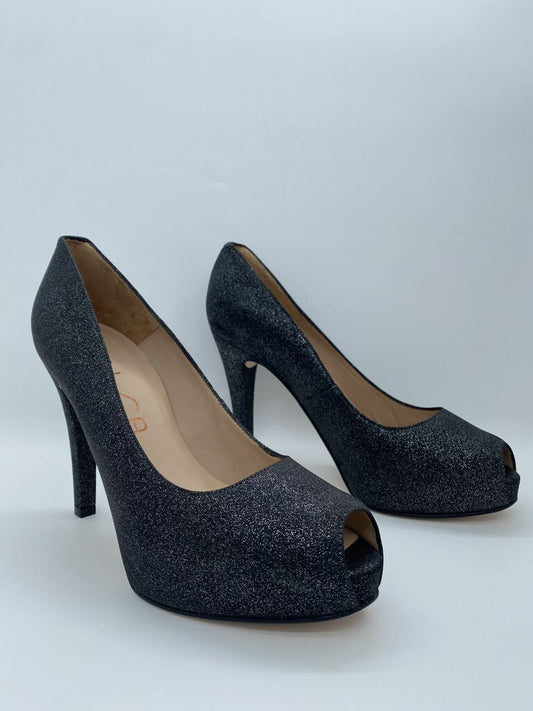 Black Glitter Peep-Toe Heels with Stiletto Heel