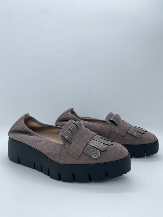 Taupe Suede Loafers with Fringe Detail
