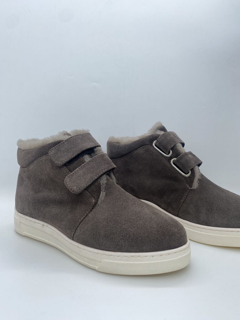 Taupe Suede High-Top Sneakers with Strap Closure