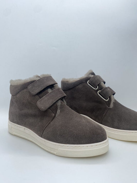 Taupe Suede High-Top Sneakers with Strap Closure