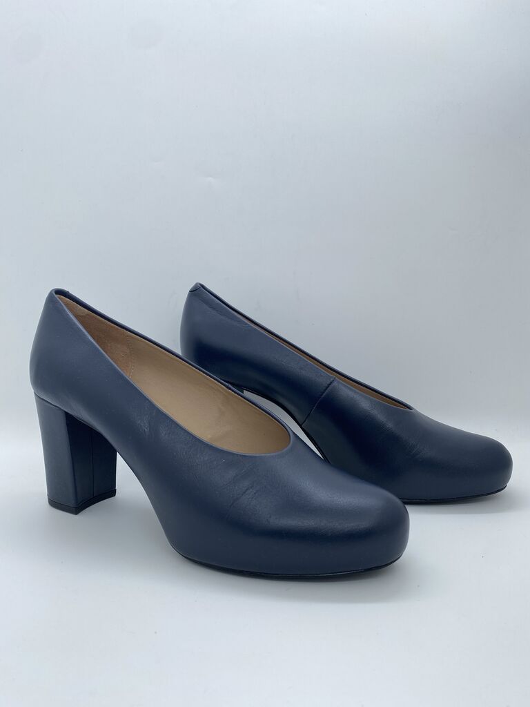 Navy Leather Pump with Block Heel