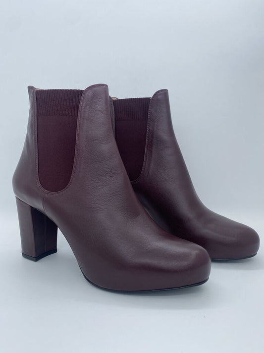 Burgundy Leather Ankle Boots with Block Heel