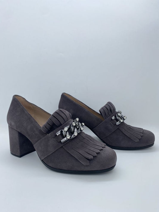 Gray Suede Block Heels with Fringe Detail and Rhinestones