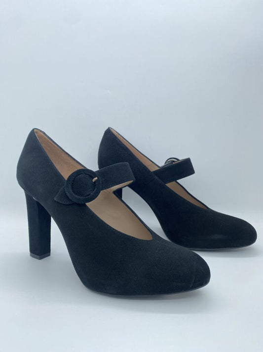 Black Suede Mary Jane Heels with Strap Detail