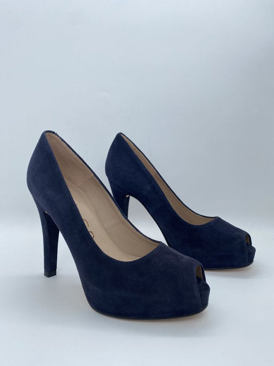 Navy Peep-Toe Suede Heels