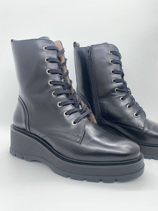 Black Platform Lace-Up Boots with Side Zipper