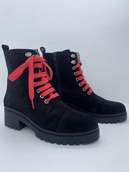Black Suede Lace-Up Boots with Red Laces