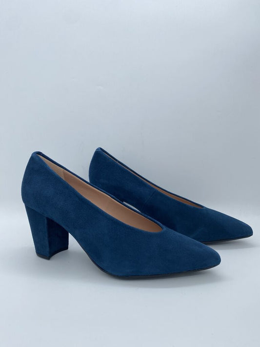 Blue Suede Block Heel Pumps