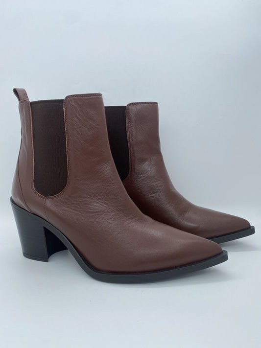 Brown Leather Block-Heel Ankle Boots