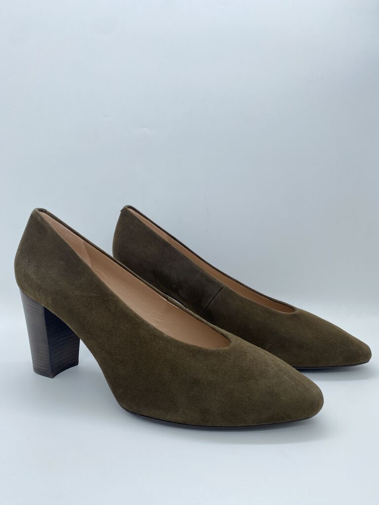 Olive Suede Block Heel Pumps