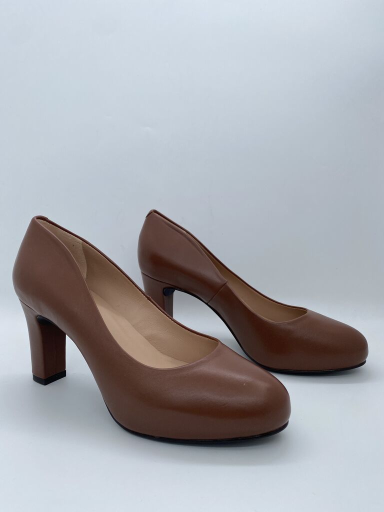 Brown Leather Block Heel Shoes with Round Toe