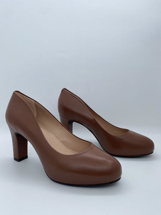 Brown Leather Block Heel Shoes with Round Toe