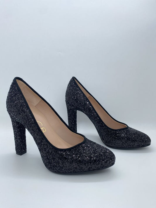 Black Sparkling Pumps with Rounded Toe and High Block Heel