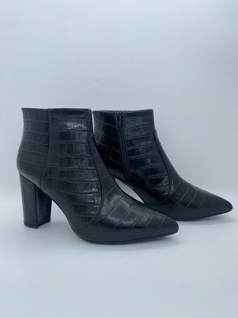 Black Faux Croc Ankle Boots with Block Heel