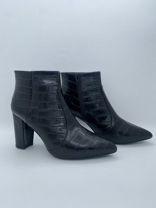 Black Faux Croc Ankle Boots with Block Heel