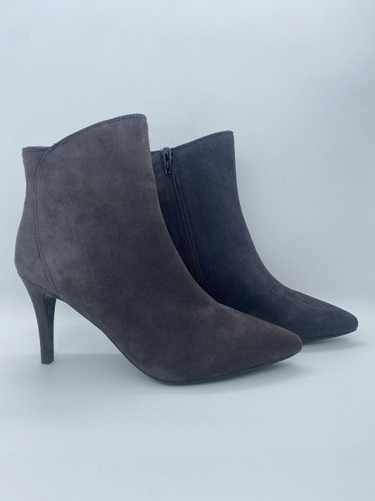Gray Suede Pointed Toe Ankle Boots with Slim Heel