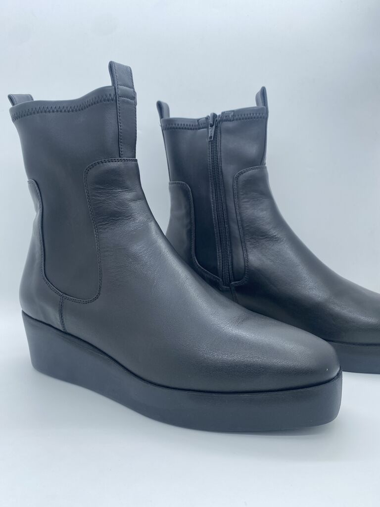 Black Leather Platform Ankle Boots with Side Zipper