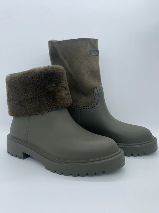 Olive Rubber Ankle Boots with Faux Fur Cuff
