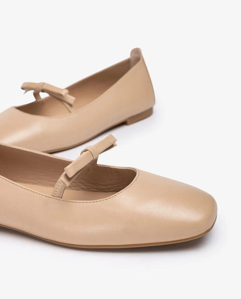 Beige Leather Ballet Flats with Strap
