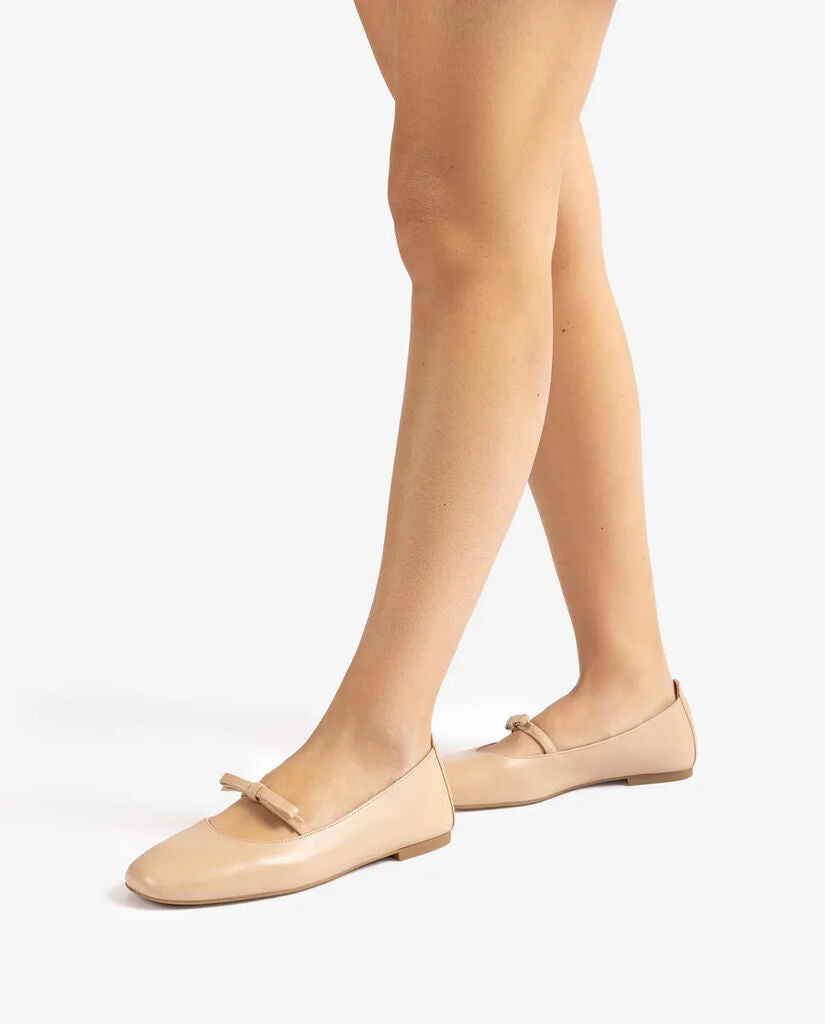 Beige Leather Ballet Flats with Strap