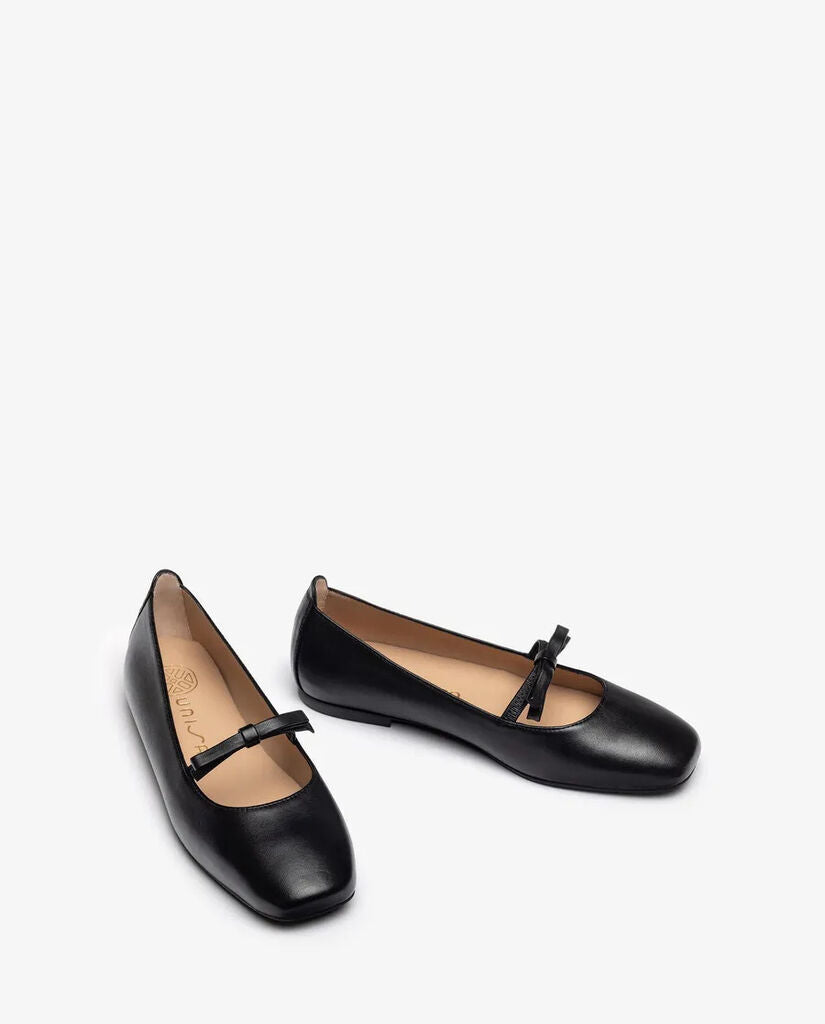 Black Leather Ballet Flats with Strap Detail