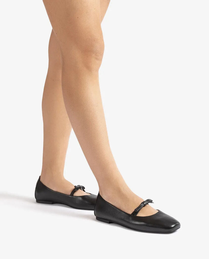Black Leather Ballet Flats with Strap Detail