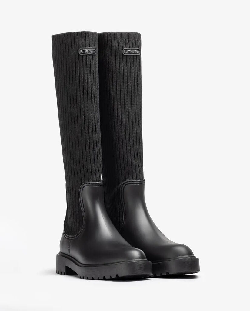 Black Knit Tall Boots with Ribbed Upper