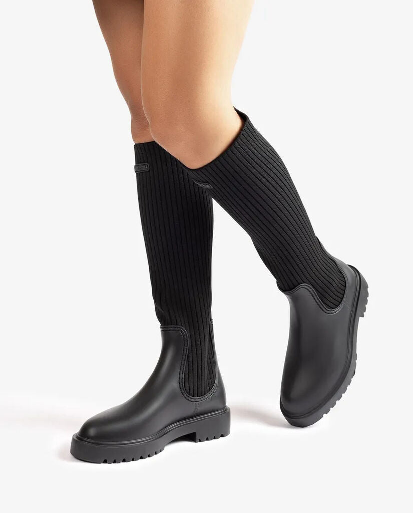 Black Knit Tall Boots with Ribbed Upper