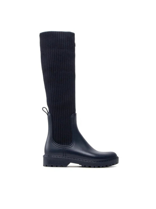 Navy Ribbed Knit Knee-High Boots with Pull Tab