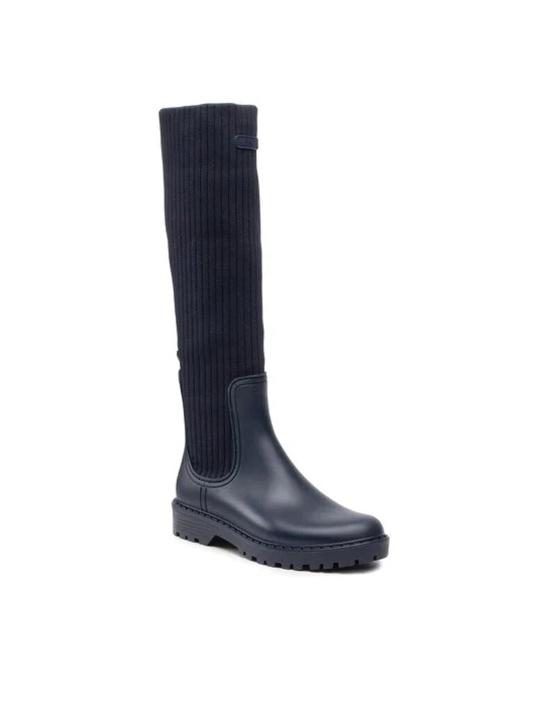 Navy Ribbed Knit Knee-High Boots with Pull Tab