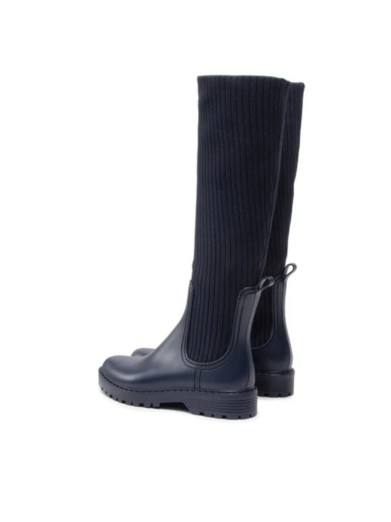 Navy Ribbed Knit Knee-High Boots with Pull Tab