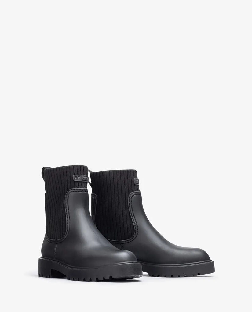 Black Rubber Ankle Boot with Ribbed Side