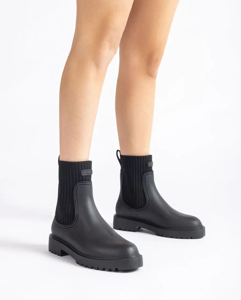 Black Rubber Ankle Boot with Ribbed Side