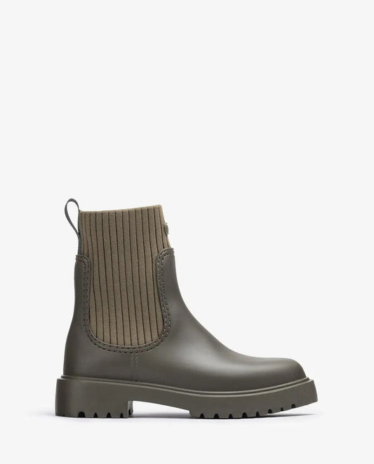 Olive Knit Trim Ankle Boots with Ridged Sole