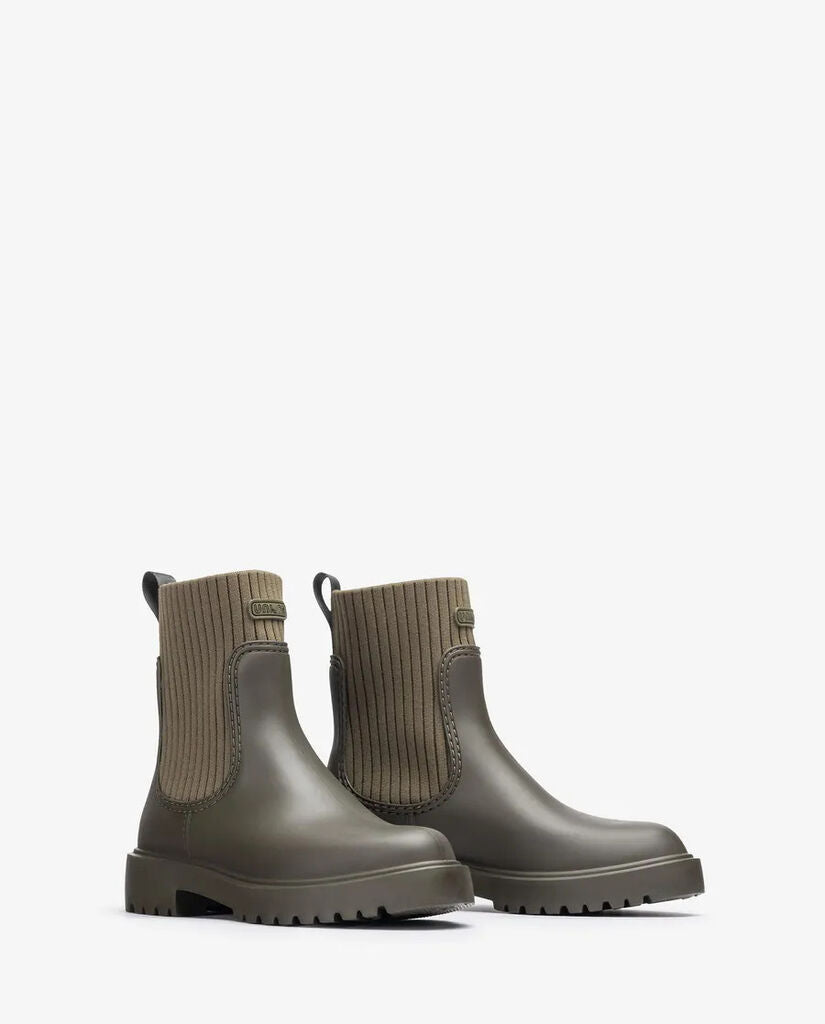 Olive Knit Trim Ankle Boots with Ridged Sole