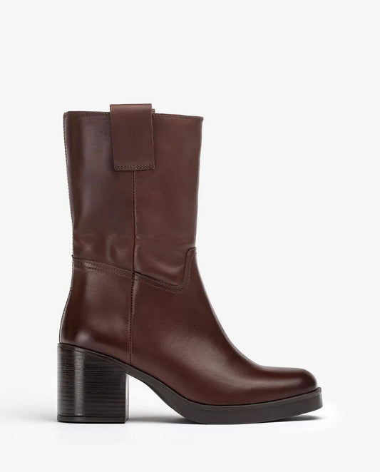 Brown Leather Mid-Calf Boots with Block Heel