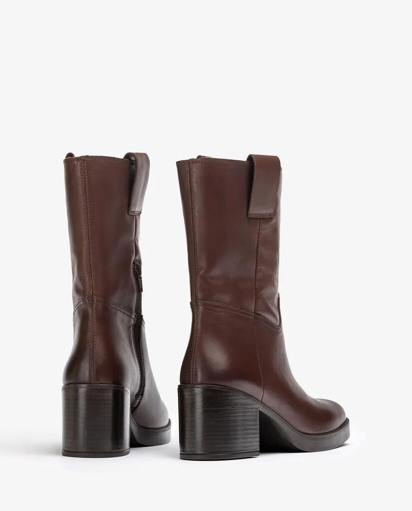 Brown Leather Mid-Calf Boots with Block Heel