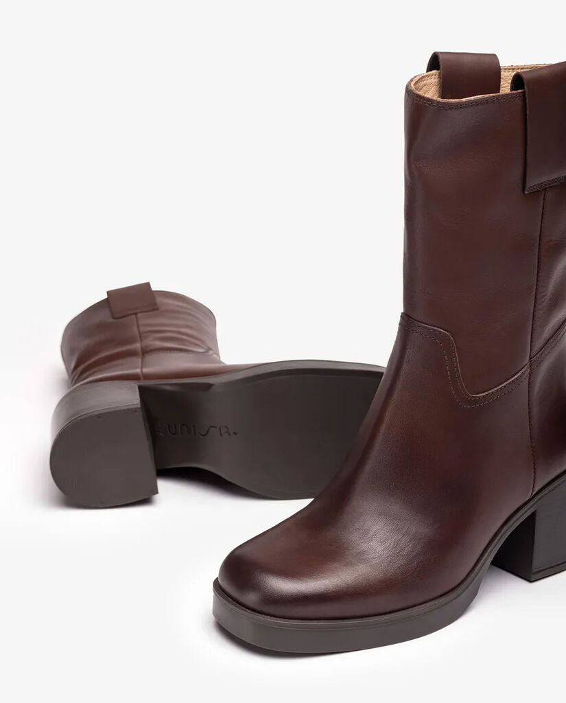 Brown Leather Mid-Calf Boots with Block Heel