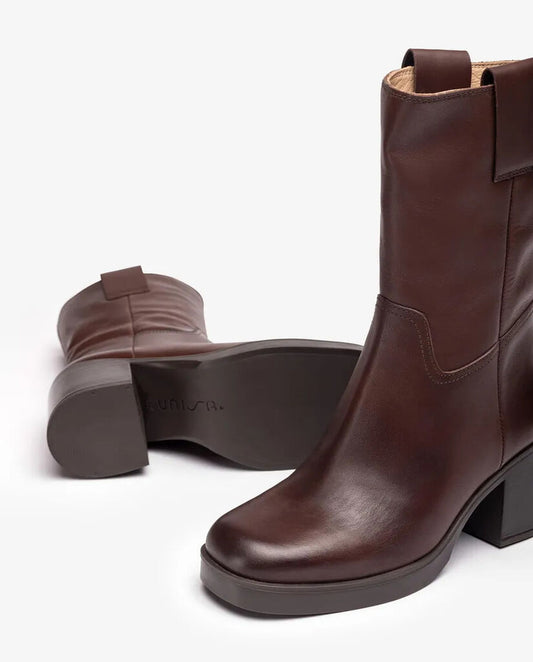 Brown Leather Mid-Calf Boots with Block Heel